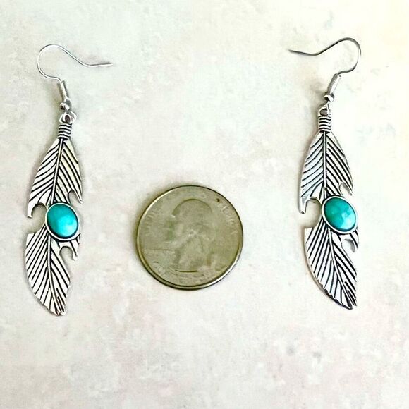 BBR Southwest Native Turquoise & Silver Dangle Earrings - Picture 1 of 8
